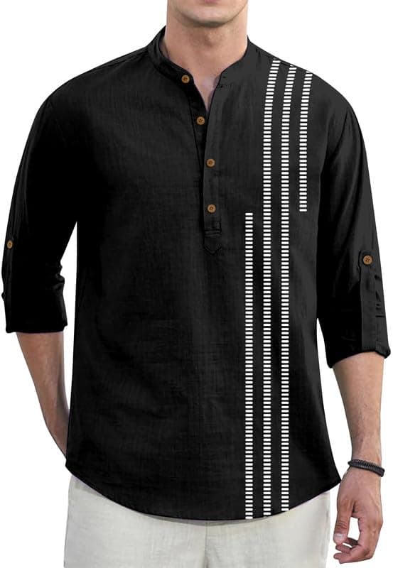 CLOTHING VEDA Men’s Stylish Cotton Blend Short Kurta || Elegant Minimal Pattern Detailing || Comfortable Regular Fit || Classic Mandarin Collar || Smart Casual Kurta Shirt for Men