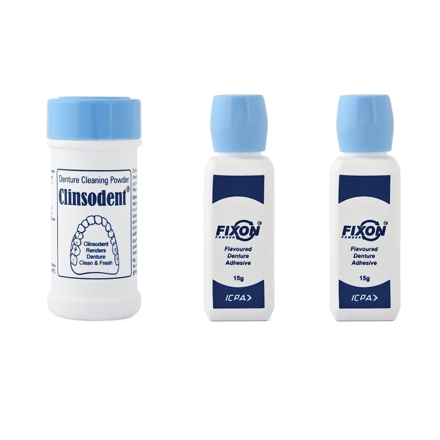ICPA Clinsodent Powder For Denture Cleaning (Pack of 1) & Fixon Adhesive Powder (Pack of 2) | Denture Cleaning Combo