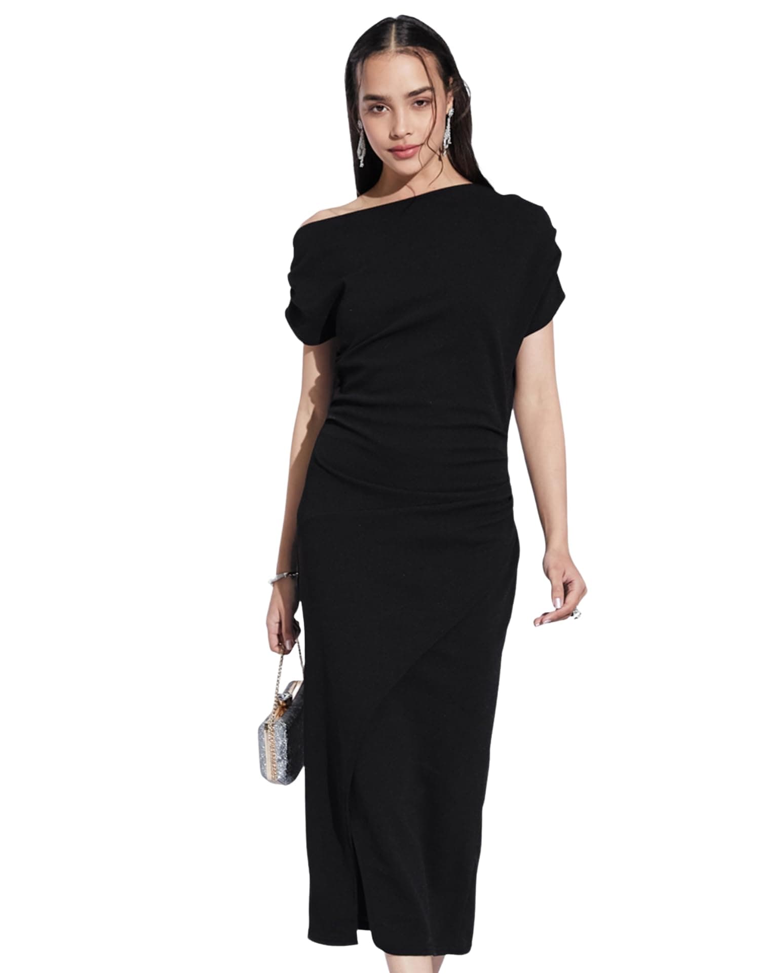 SIRIL Women Midi Polyester Solid Dress, Bodycon Dress (775DTK12021-XL_Black)