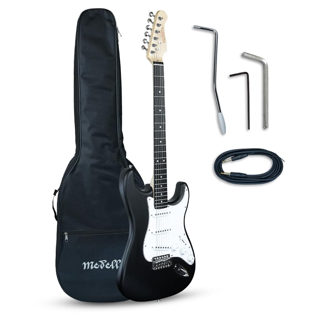 Medellin MDE1BK 38" ST-Style Electric Guitar | Linden Wood Body | Maple Neck | SSS Single-Coil Pickups | 5-Way Switch | Tremolo Bridge | Gig Bag + Learning Course | Black
