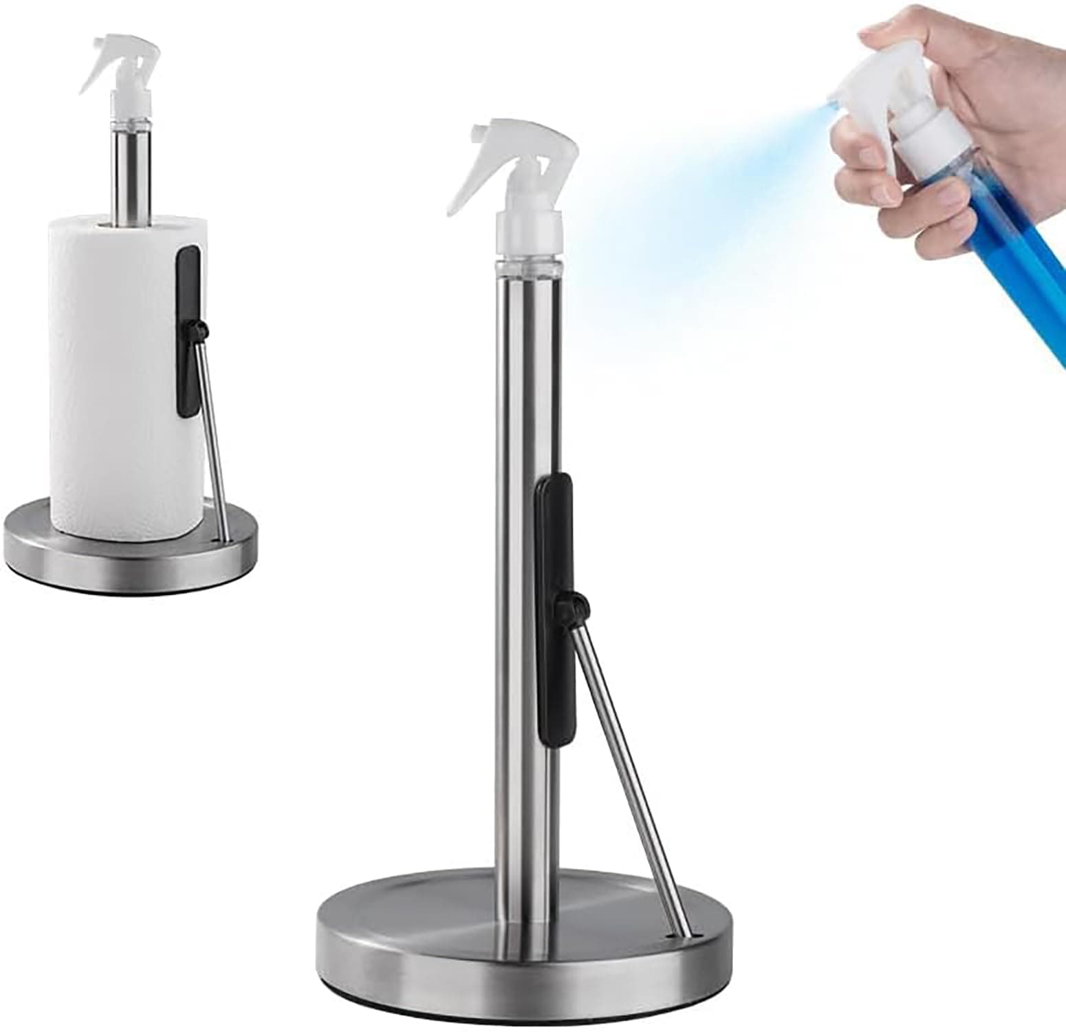 House of Quirk 2-in-1 Paper Towel Holder with Spray Bottle, Standing Kitchen Paper Towel Stand with Suction Base, Weighted Arm, Stainless Steel Brushed Nickel Finish (Silver)