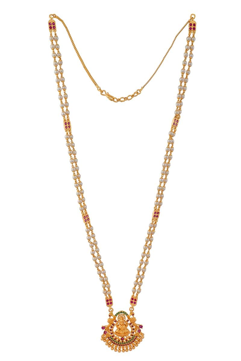 Radha's Creations Alloy 22K Yellow Gold Plated Pendant Pearl Double Line Chain Necklace For Women's & Girl's - Gold No.1001