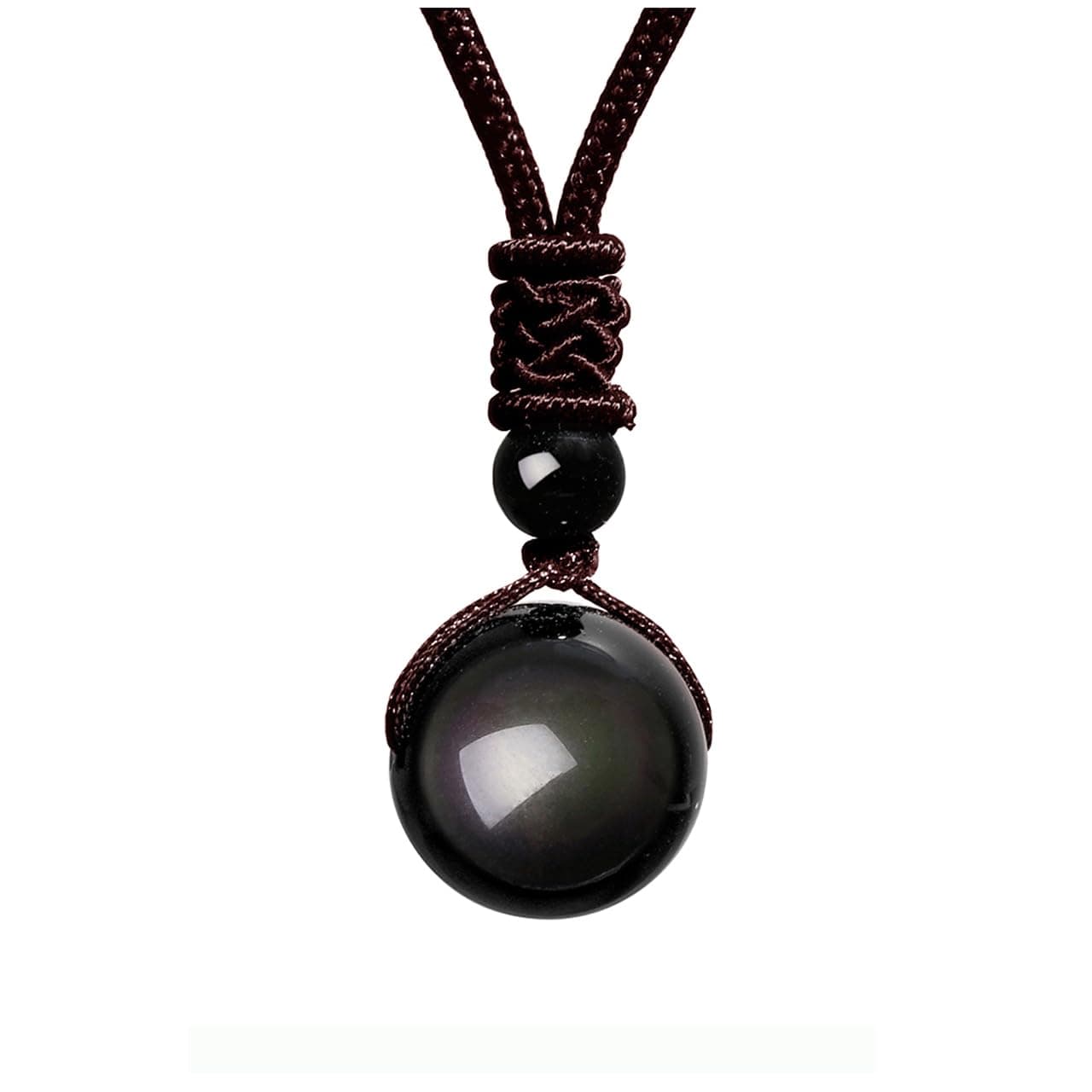 Jovivi Unisex-Adult 16Mm Natural Black Obsidian Rainbow Eyes Stone Lucky Blessing Chakra Beads Pendant Necklace With Adjustable Braided Rope Cord
