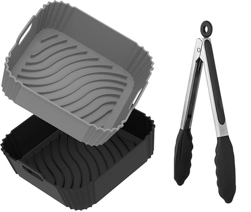 Square Silicone Air Fryer Liners (2 Pcs) with Tongs | Reusable Non-Stick Heat-Resistant Food-Grade Basket Inserts | Dishwasher Safe for Cooking, Baking, Fries, Chicken & Snacks | Black & Grey