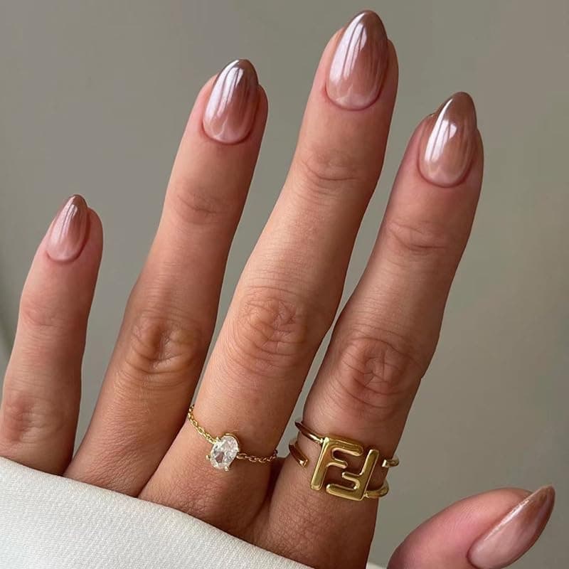 Kriga 24 Reusable Artificial Fake Nail Set| Brown Light Dark Almond Shape Glossy Nails| Lightweight & Long Lasting| Quick Fix For Festivals & Special Occasions