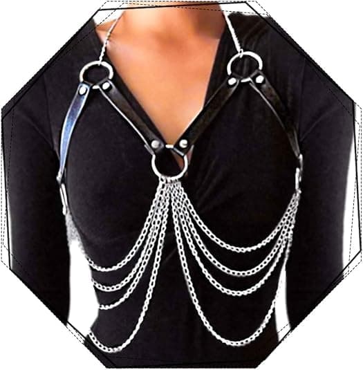 Twinklede Punk Leather Body Chain Silver Layered Chest Chains Rave Harness Chain Body Jewelry Accessories for Women and Girls