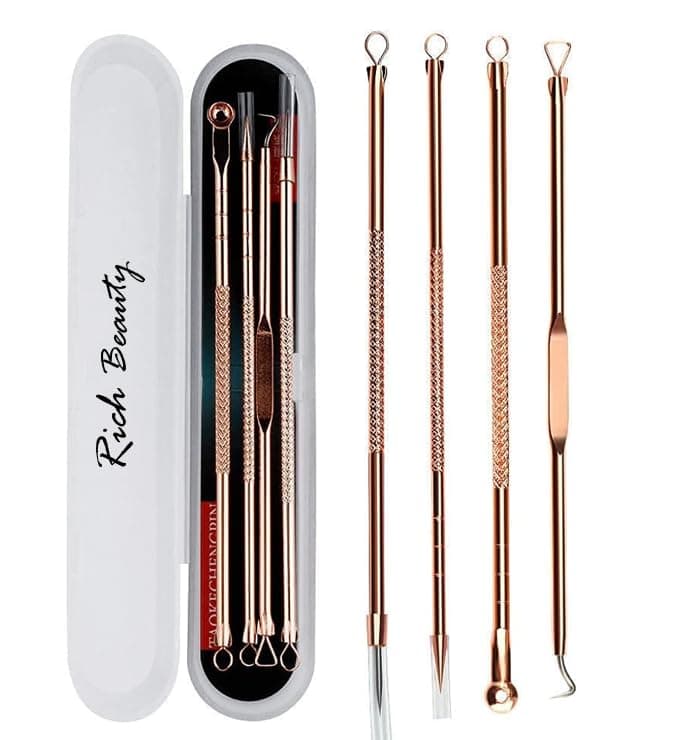 Pink Line Blackhead Remover Tool Kit - 4 in 1 Acne and Pimple Removal Tool - Nose & Face Blackheads Remover & White Heads Removal, Acne Removal Tool, Tweezers, Rose Gold