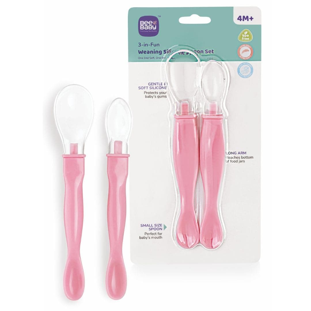 BeeBaby 3-in-1 Fun Weaning Silicone Spoon Set | Dual End Baby Feeding Spoon for Newborns & Infants | Soft BPA Free Silicone, Gentle on Gums, Easy Grip Handle – Pack of 2 (Pink)