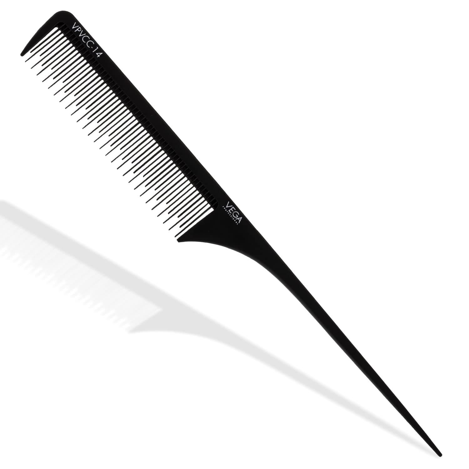 VEGA PROFESSIONAL Carbon Tail Comb with Staggered Teeth | Anti-Static & Heat-Resistant Hair Comb | Black Handle Salon & Professional Styling Tool for Teasing, Parting & Detangling (VPVCC-14)