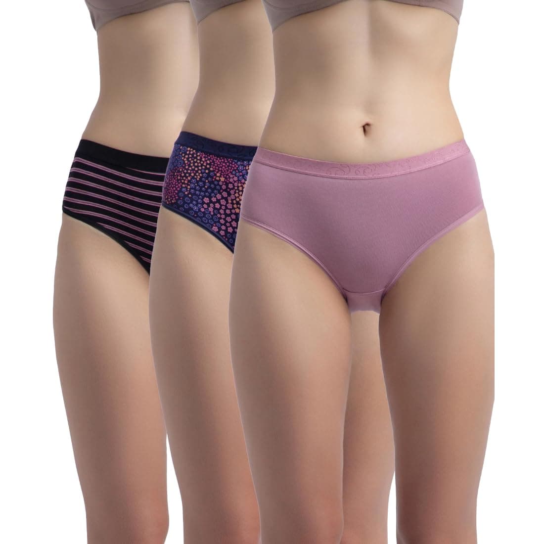 Jockey 3006 Women High Coverage Super Combed Cotton Elastane Stretch Mid Waist Hipster with Exposed Waistband_(Pack of 3, Colors & Prints May Vary)
