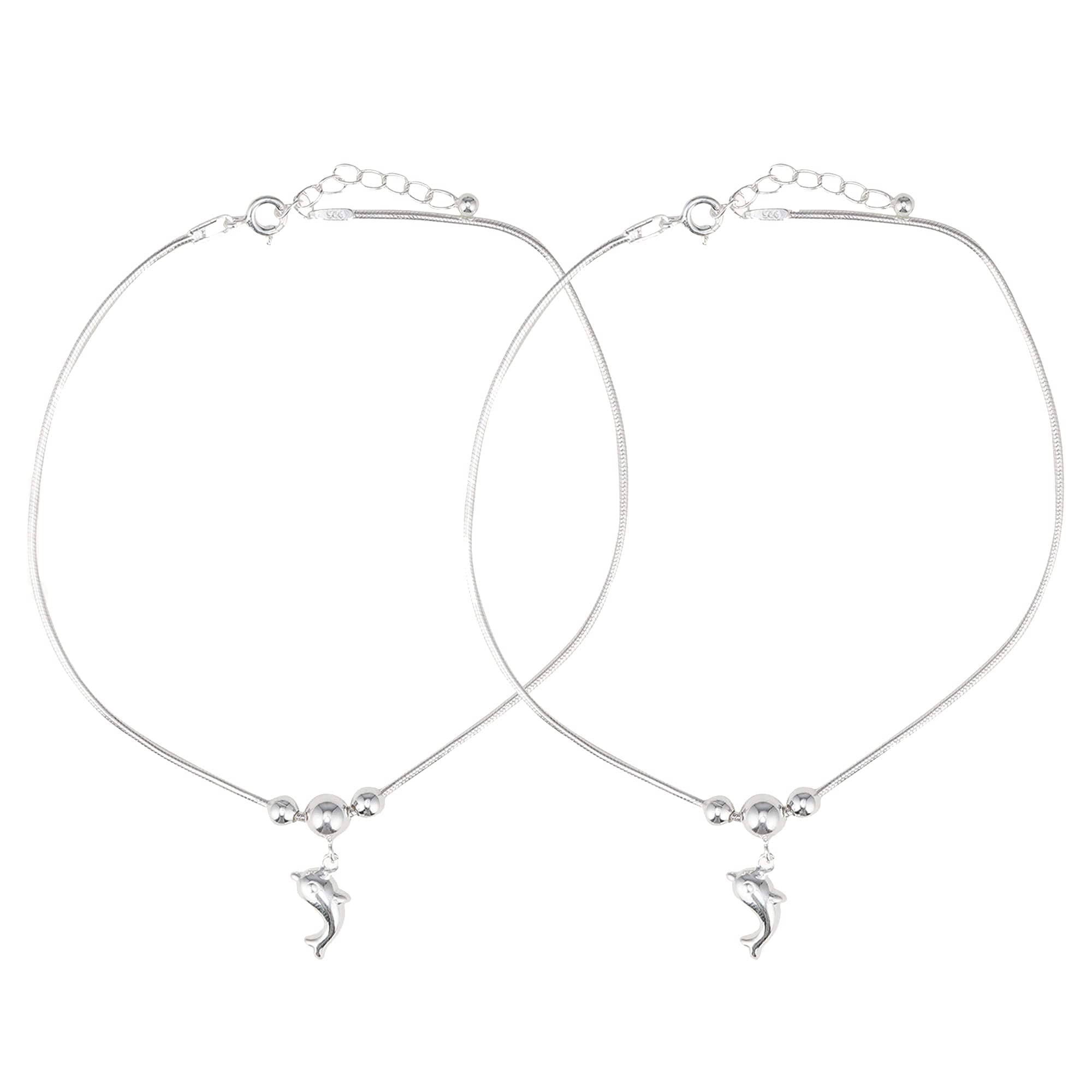 DHRUVS COLLECTION EXCLUSIVE 925 Pair of Pure Silver Dolphin Charms with 3 Moving Balls Anklet (PAYAL) Threaded Snake Pattern Anklet for Girls and Women - 11 Grams