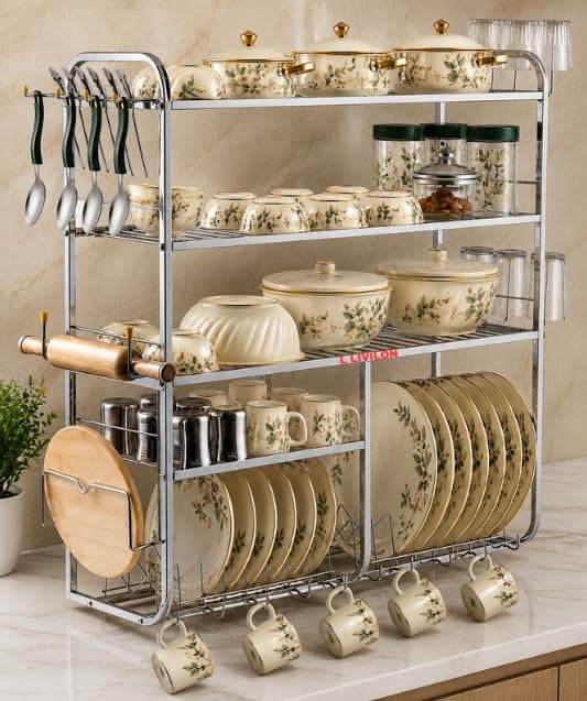 L LIVILON Wall Mount Kitchen Utensils Dish Rack Stainless Steel Utensil Rack/Stand Dish Stand/Holder Utensils Rack with Plate, Bowl & Cutlery (31x30x10 Inches)(LVNLVNLVN EE)