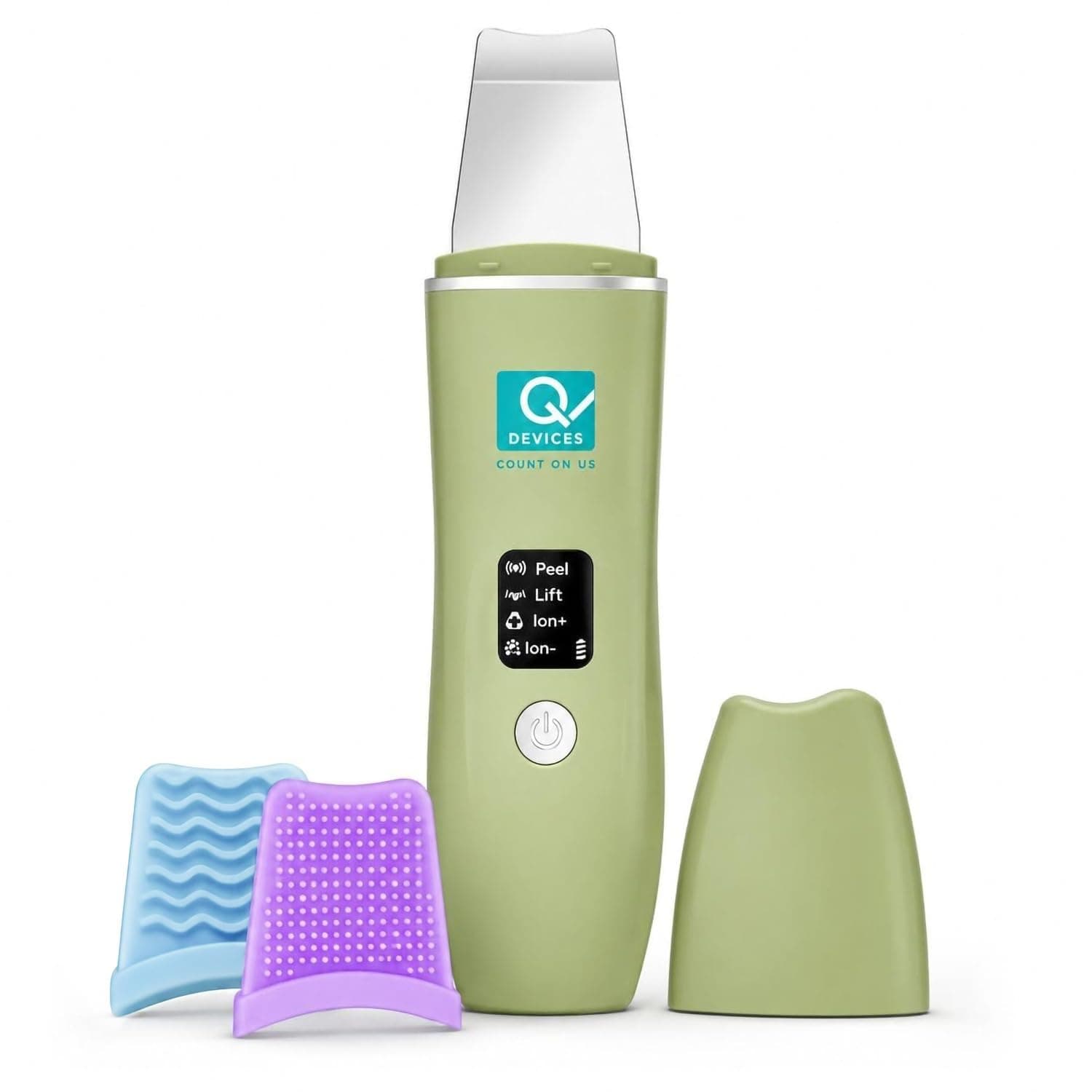 Q DEVICES Ultrasonic Facial Skin Scrubber and Blackhead Remover Machine - Deep Pore Cleaner & Face Lifting Spatula with 4 Modes, 24000/min Vibration, Silicone Covers, Rechargeable (Green)