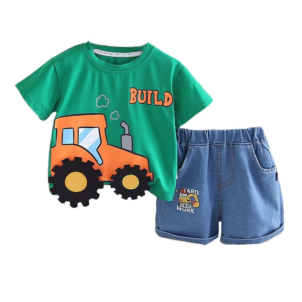 Bold N Elegant Kids Cotton Printed 3D Jcb Graphic T-Shirt With Denim Shorts Summer Party Dress Preschool