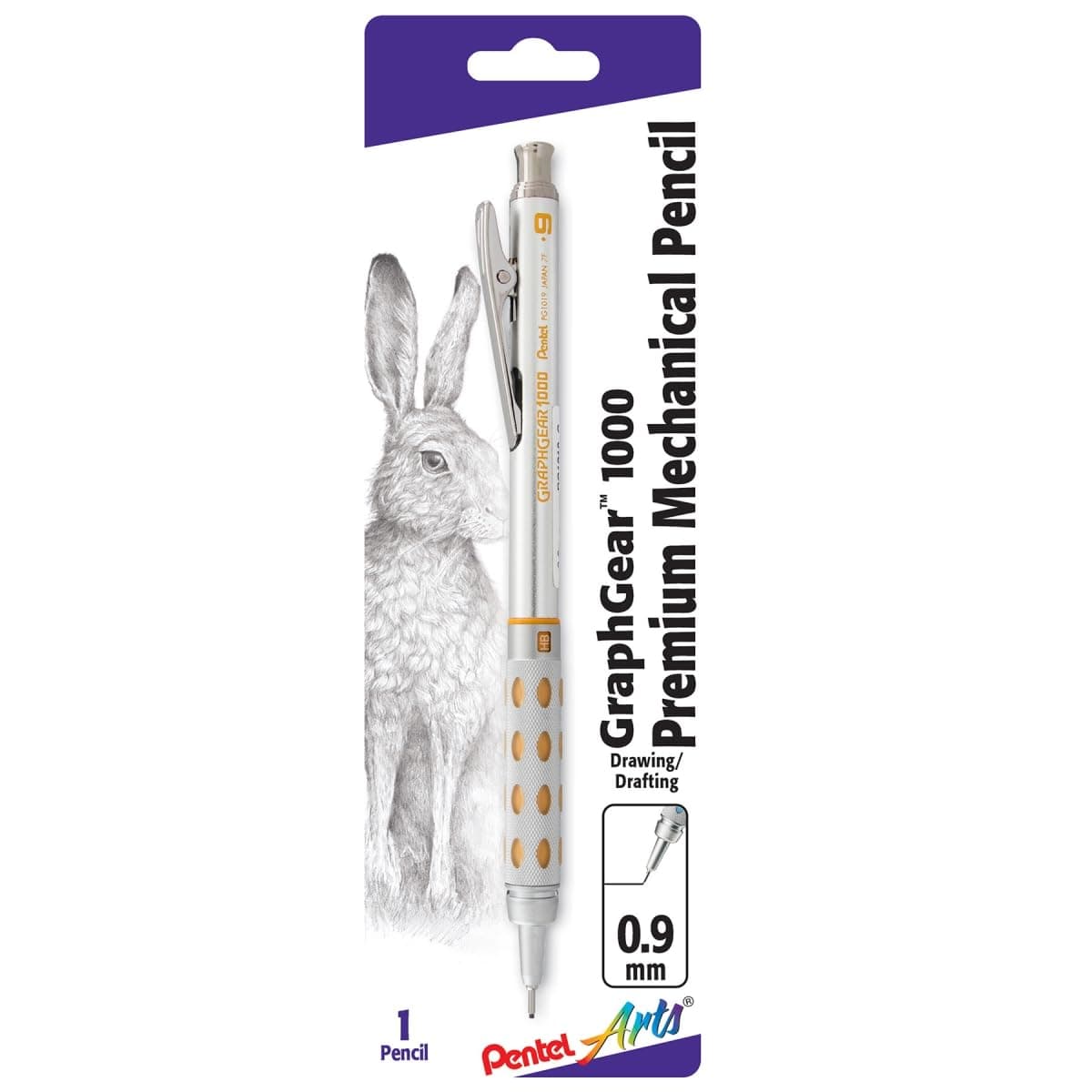 Pentel GraphGear 1000 0.9 MM Mechanical Drafting Pencil | Metal Clip With Retractable Mechanism | Dual Metal & Rubber Grip | Pack Of 1 | Silver & Yellow (PG1019)