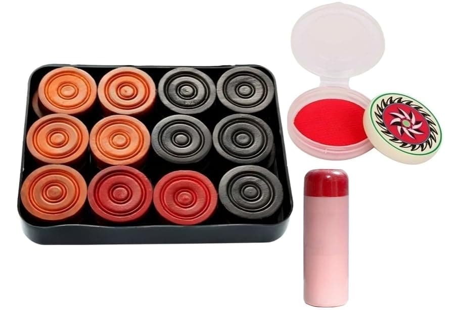 TS Playy Tournament Carrom Board Coins Set – 8mm Wooden Look, Premium Gloss Finish | Includes Floral Striker & Disco Powder | 24 Coins with Storage Box
