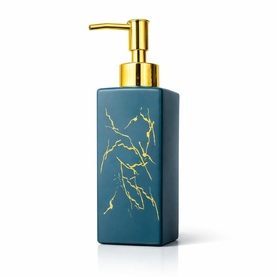 REGAL HOMEWARE Glass Soap Dispenser, Fancy Design Transparent Golden Finish Body with Golden Pump & Decorative Ribbed Design, 330 ML