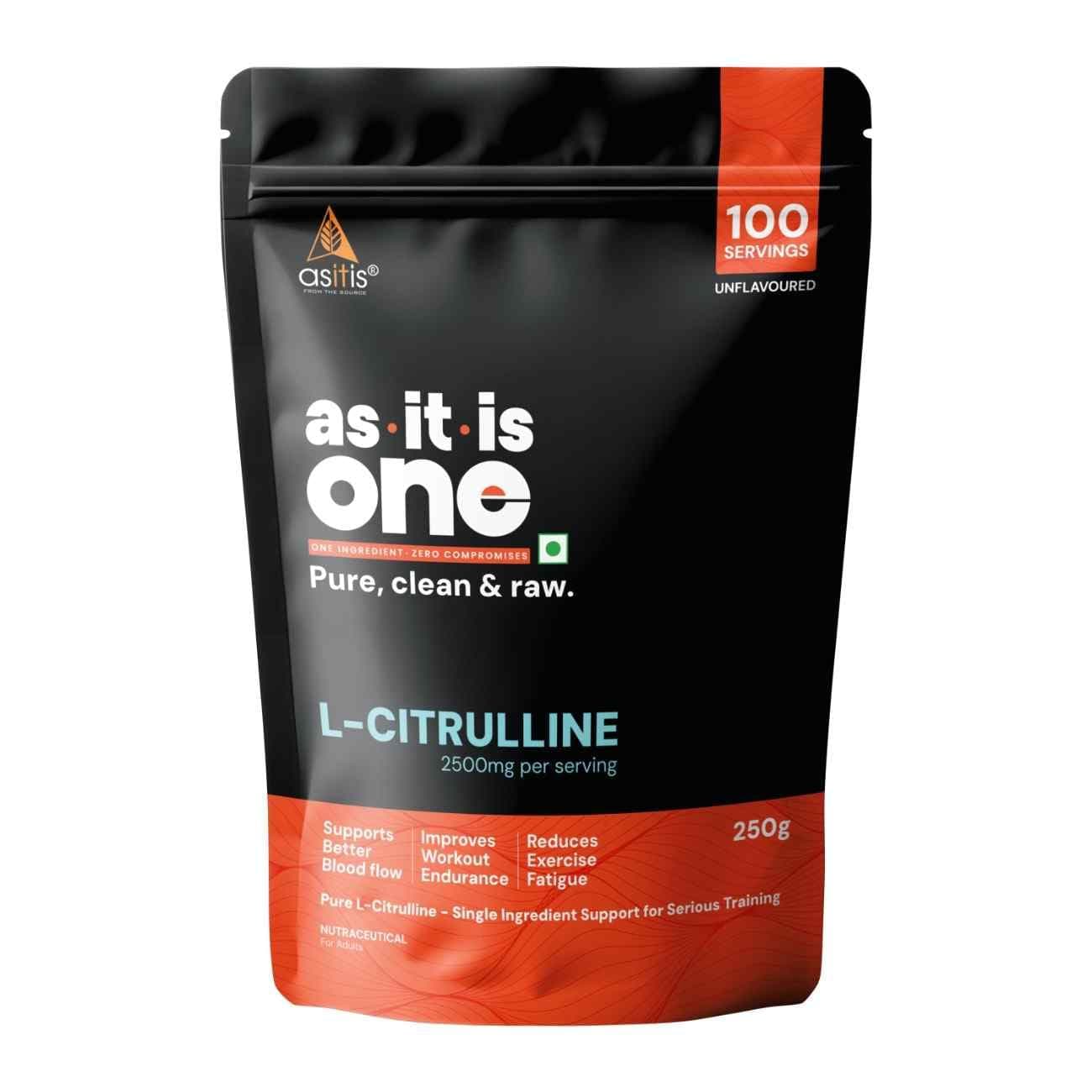AS-IT-IS Nutrition 100% L-Citrulline Powder, Pre-workout Supplement, Pure 2.5 grams Amino Acid for Muscle Growth, Boosts Nitric Oxide - Unflavored, Single Ingredient- 250 grams (100 servings)