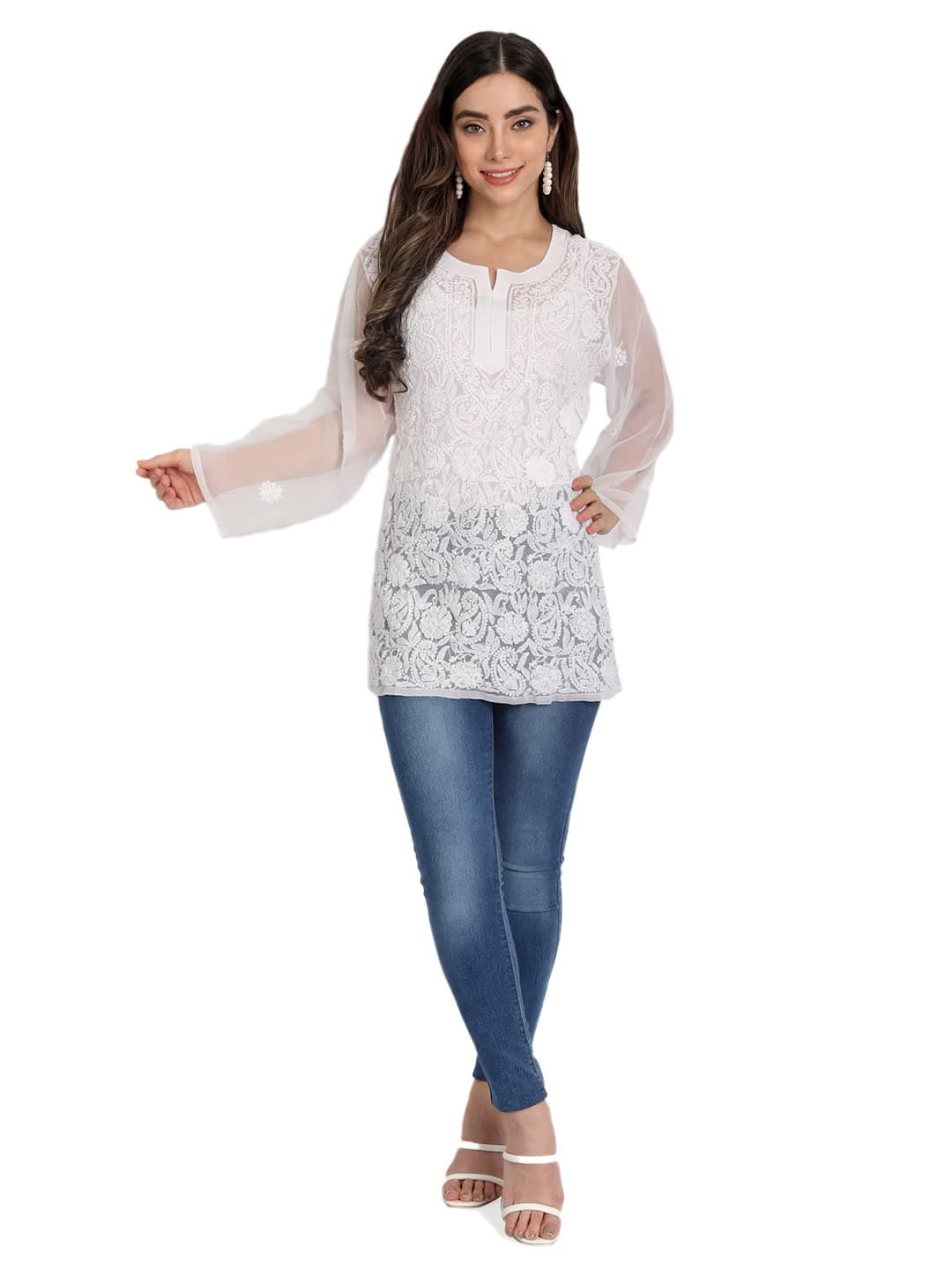 indiankala4u Lucknow Chikankari Hand Embroidered Tops/Blouse Short Kurti Georgette