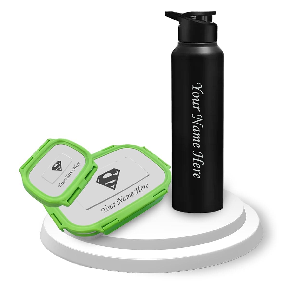 SAVRI Personalized Name Engraved Combo-Stainless Steel Big Lunch Box & 1000ml Matte Finish Metal Bottle. Your Name & Favorite Character Engraved. Best for School,College,Coaching.Perfect for Gifting