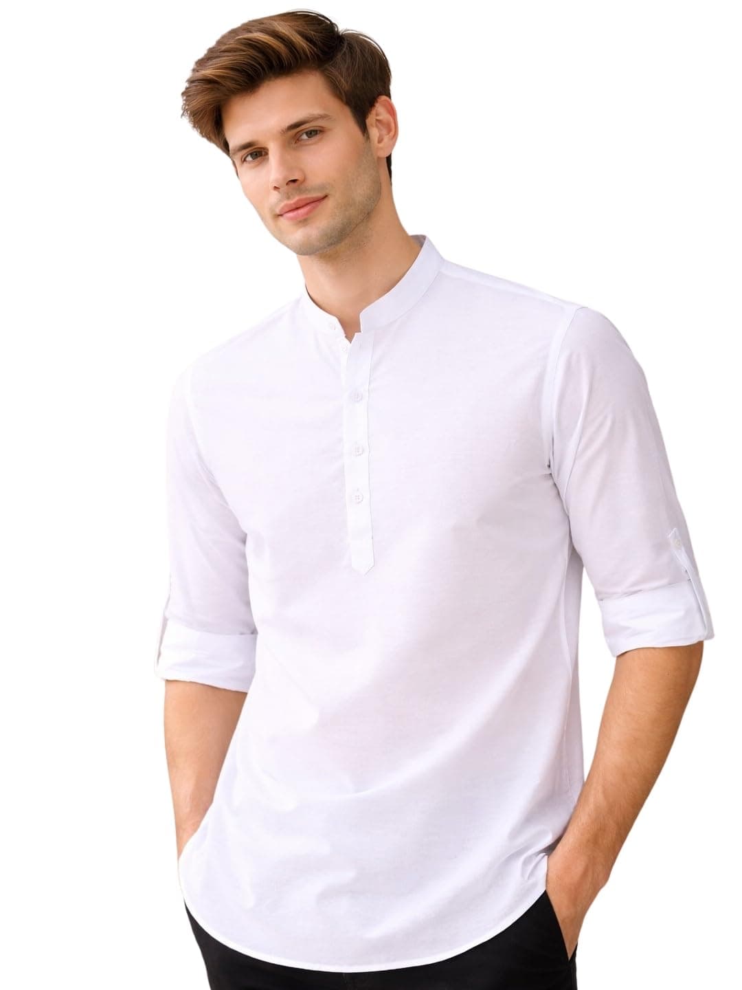 See Designs Men's Roll-Up Sleeve Mandarin Collar White Deluxe Cotton Short Kurta - SDDKT2947S