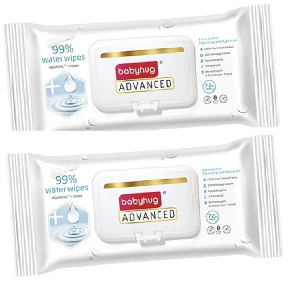 Babyhug Advanced 99% Water Unscented Baby Wipes - 72 Pieces (Pack of 2)| 144 wipes | 100% Plant Based Fabric | Biodegradable | Hypoallergenic | Dermatologist & Pediatrician Tested | Free from Alcohol Sulfate, Paraben, Pthalate, and Artificial Fragrance