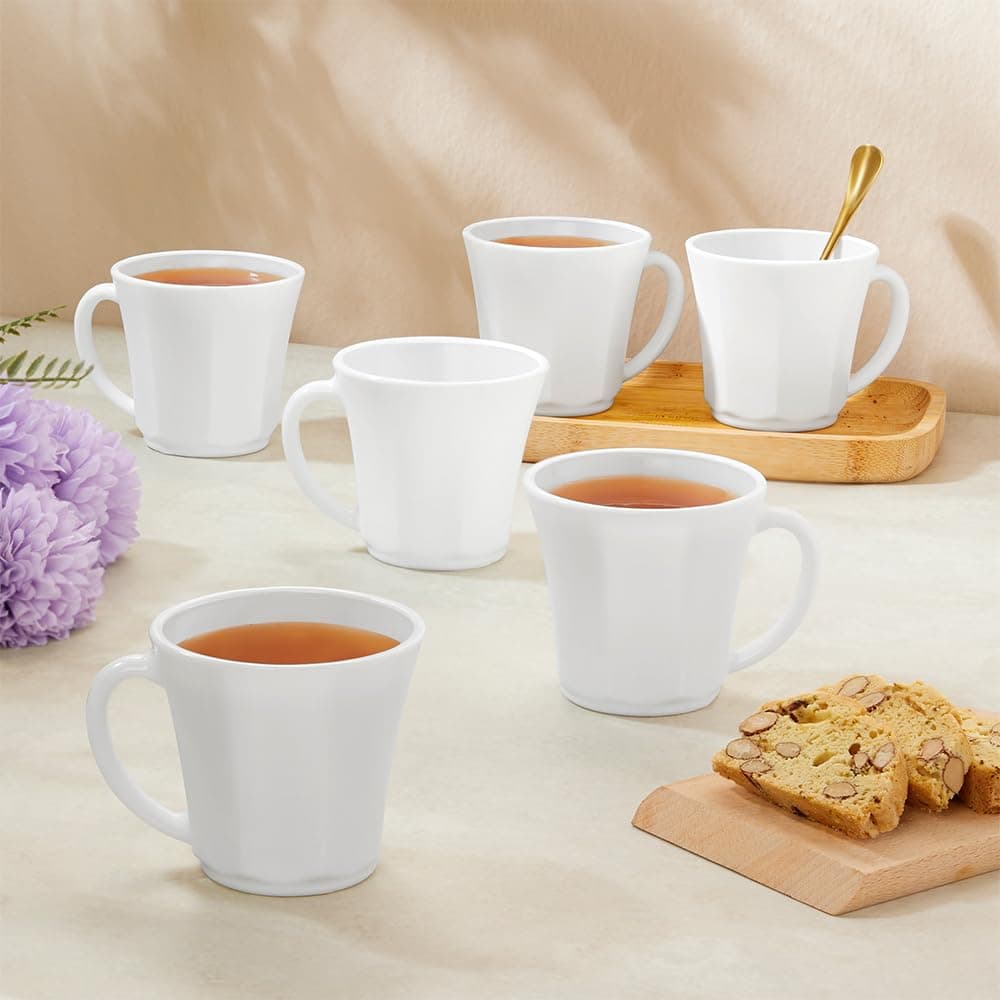 Larah by Borosil Octa Opalware Mug, Set of 6 Tea/Coffee Mugs, Microwave & Dishwasher Safe, Bone-Ash Free, Crockery Set Ideal for Daily Use & Gifting, White