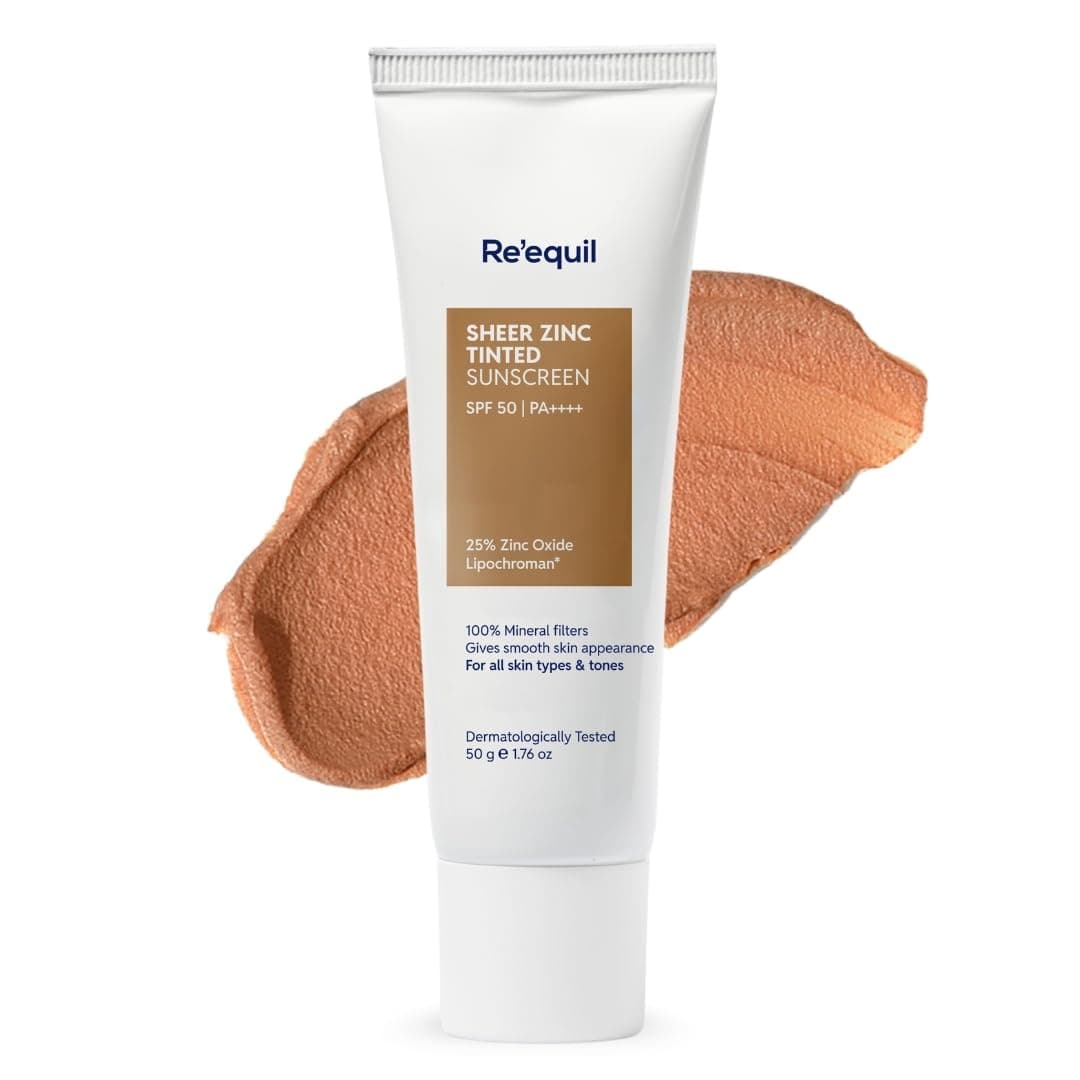 RE' EQUIL Sheer Zinc Tinted Sunscreen, 100% Mineral-Based Sunscreen UVA, UBV, & IR Protection, Water Resistant With SPF 50 PA+++ For All Skin Types, 50g