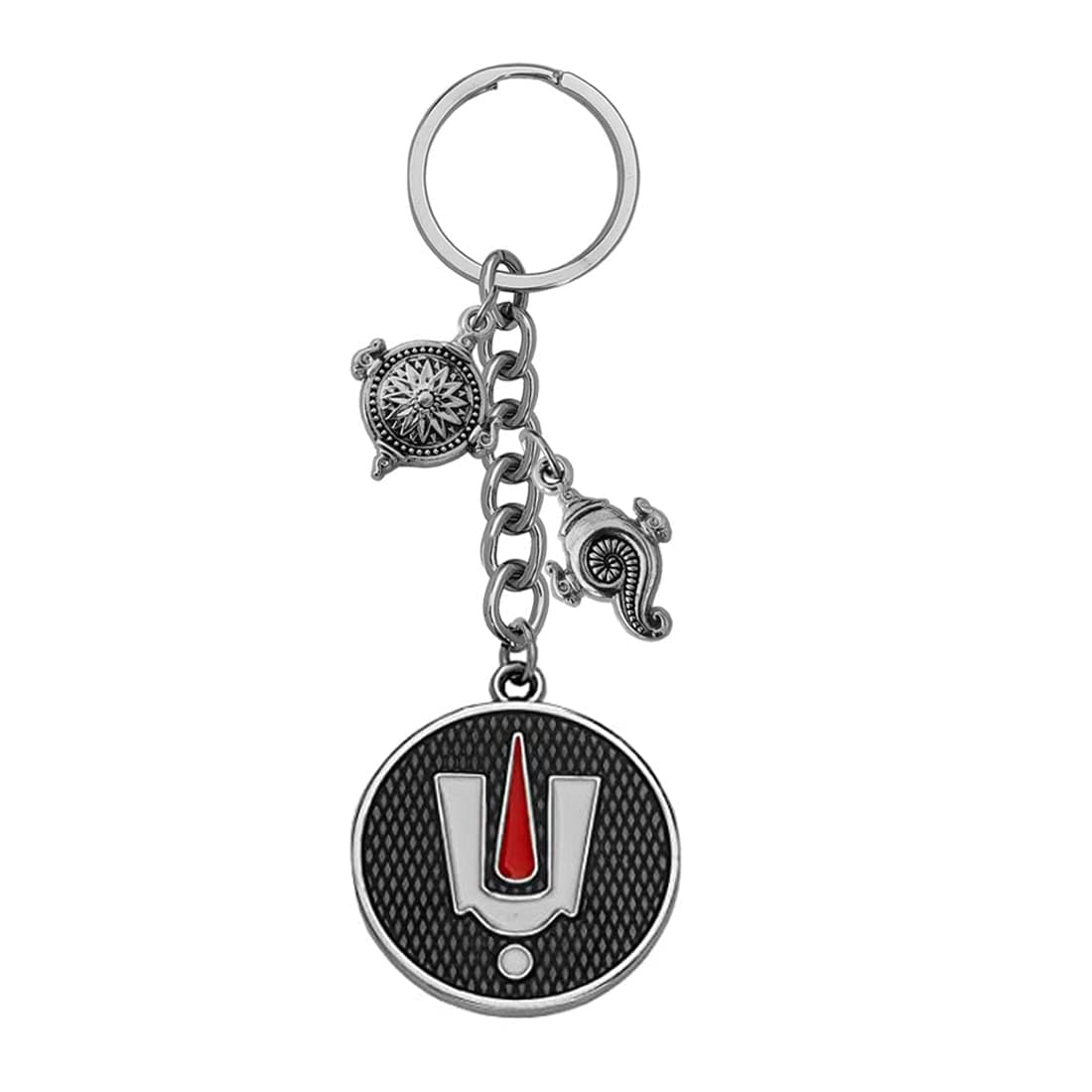 M Men Style Religious Lord Shri Tirupati Balaji Tilak Round Shankha Chakra Tilak Silver Red Metal Keychain for Men and Women SKey2022532