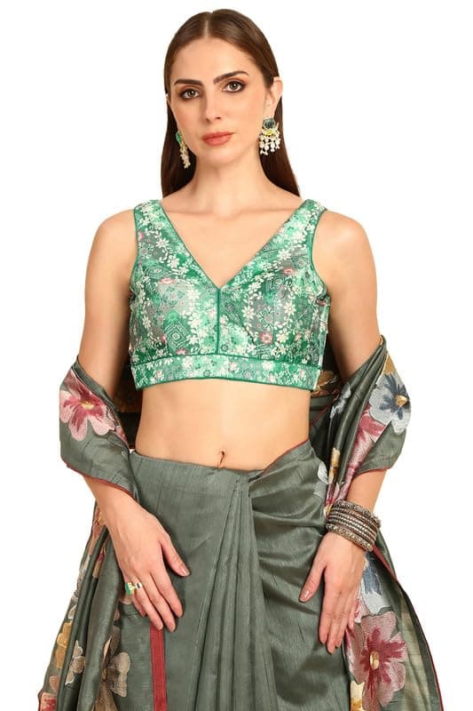 Soch Womens Green Silk Blend Floral Print Blouse with Sequins Work(8909058184293)