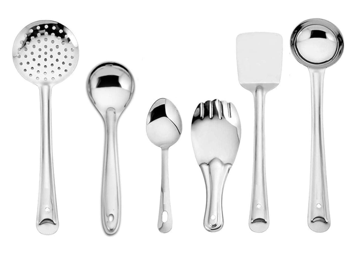 KC Stainless Steel Kitchen Tools Set, Ladle, Skimmer, Turner/Spatula, Basting, Serving Spoon and Rice Spoon Set of 6