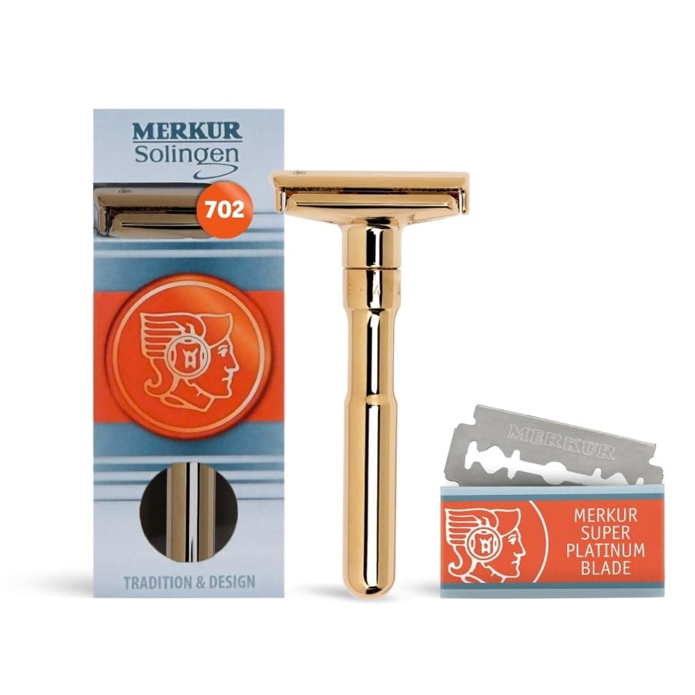 MERKUR FUTUR 702 Adjustable Double Edge Safety Razor - 18k Gold Plated Shine, Adjustable Razor With Dial, Made in Germany, Plastic-Free, Snap-On Cap Design, Straight Bar