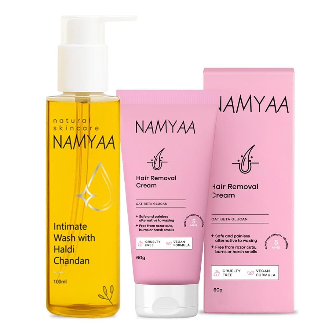 Namyaa women Intimate Hygiene Care Set-Hair Removal Cream 60gm & Haldi Chandan Hygiene Wash 100Ml Pack Of 2 (2)