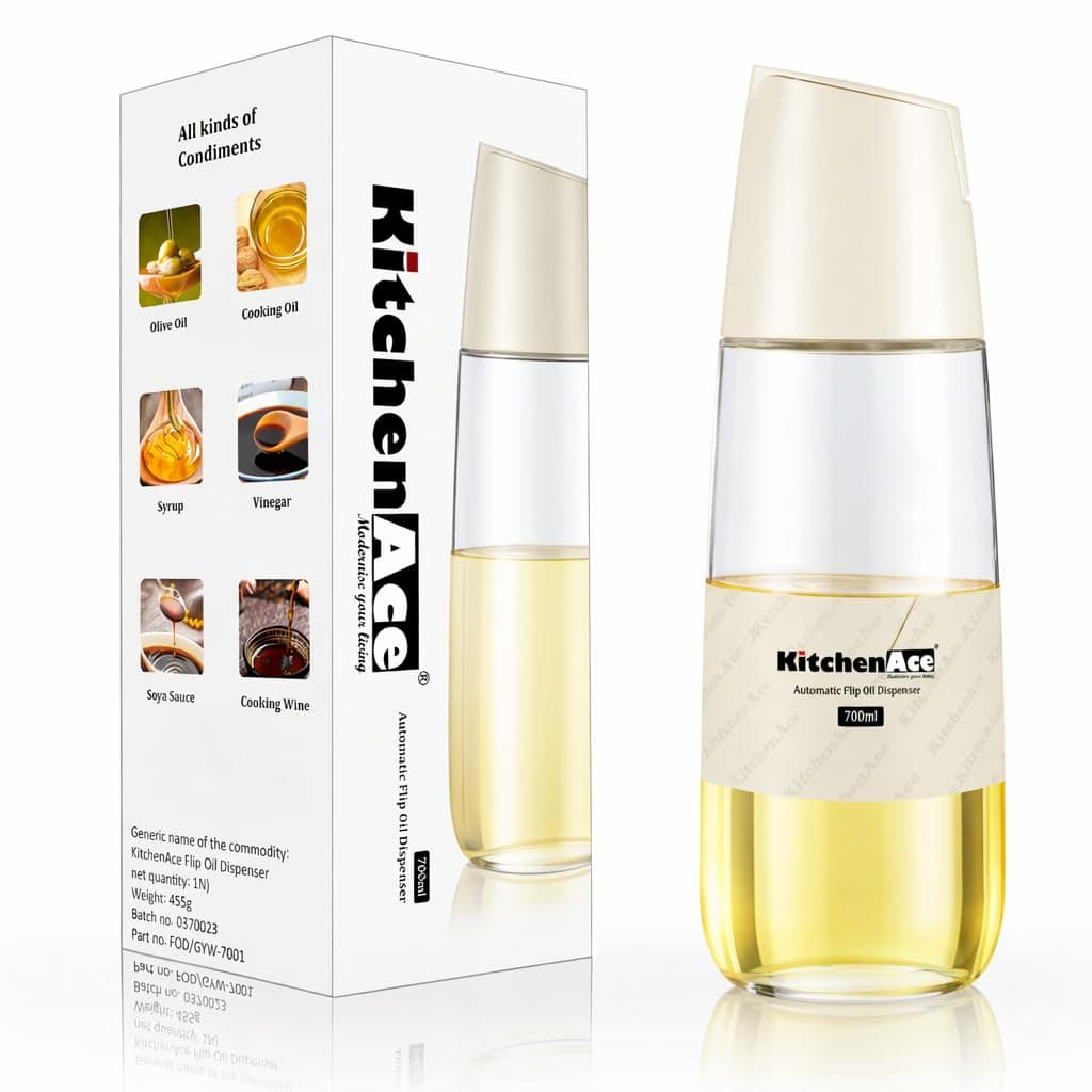 KITCHENACE,Modernise your living Oil Dispenser for Kitchen | Auto Flip Glass Bottle Cooking Oil Container Leak-Proof Spout & Precision Pour Cream White 700ml/0.7 Litre