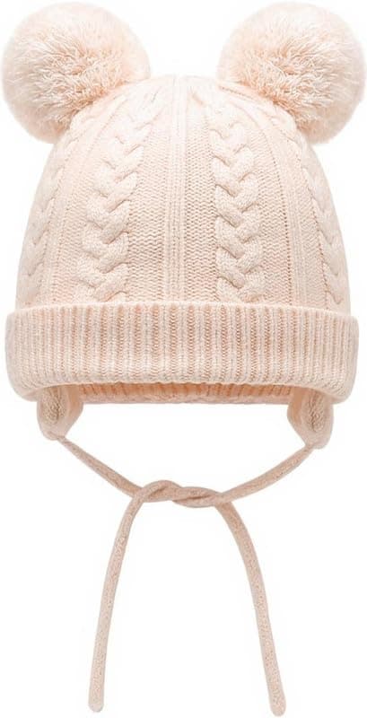 Richmen Baby Beanie Hat, Cute Cat Warm Toddlers Winter Hat, Double Pom Pom Beanies for Boys & Girls Woolen Knitted Cap (Beige)