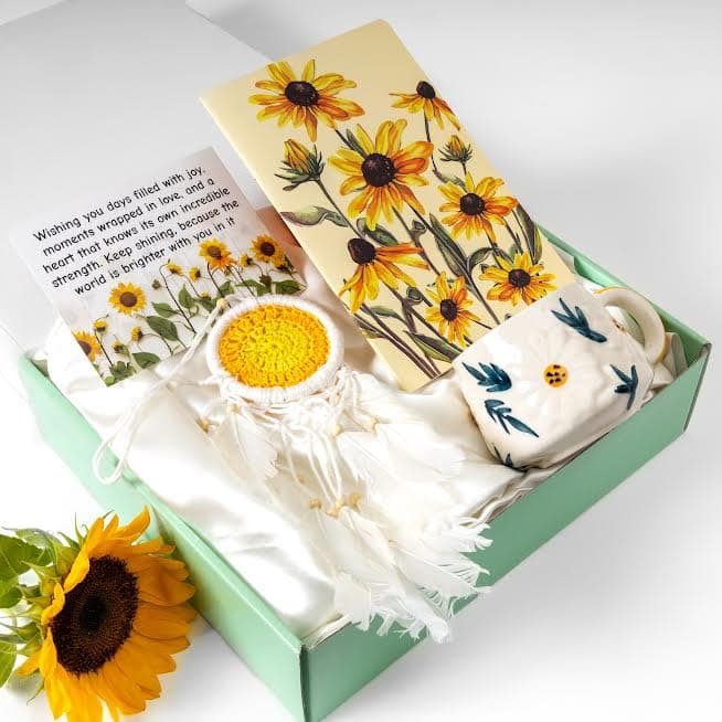 Rarejoy Gift Hamper for Women Sunflower Themed Mug Handwoven Crochet Greeting Card Journal Combo Pack of 4 Corporate Valentine Womens Birthday Anniversary Day Gift