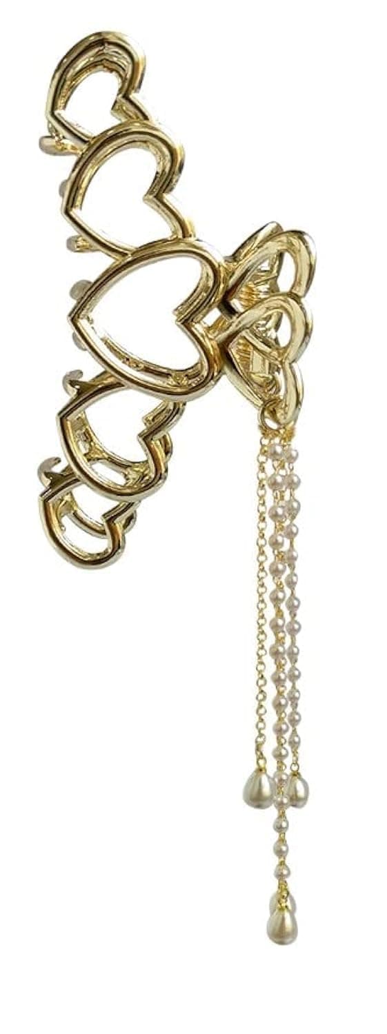 ANNACREATIONS 1 Pc Golden Heart Large Metal Pearl with Tussle Hair Clutcher Hair Claw Hair Accessories For Women and Girls