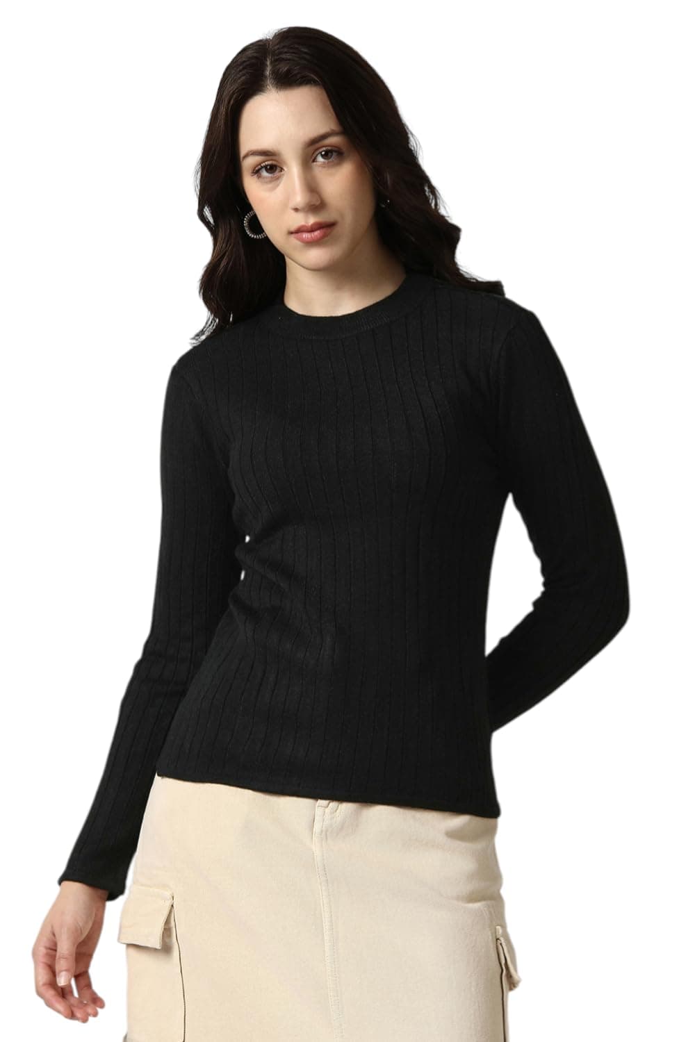 Van Heusen Women's Round Neck Solid Knit Top|Full Sleeve Casual winterwear