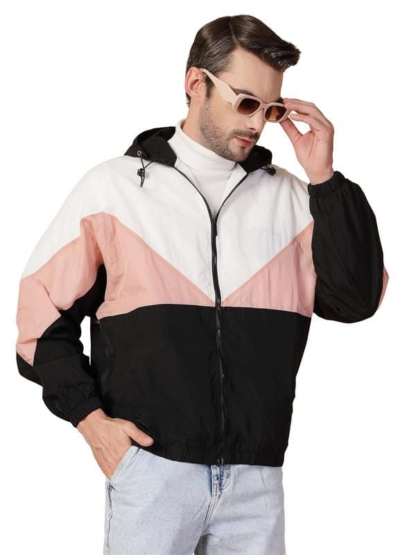 CHKOKKO Men Winter Stylish Wind Cheater Hooded Sports Zipper Standard Length Jacket Whitepeachblack Medium