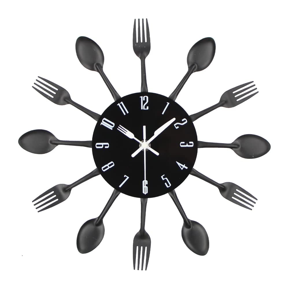 Timelike Kitchen Wall Clock, 3D Removable Modern Creative Cutlery Kitchen Spoon Fork Wall Clock Mirror Wall Decal Wall Sticker Room Home Decoration (Black)