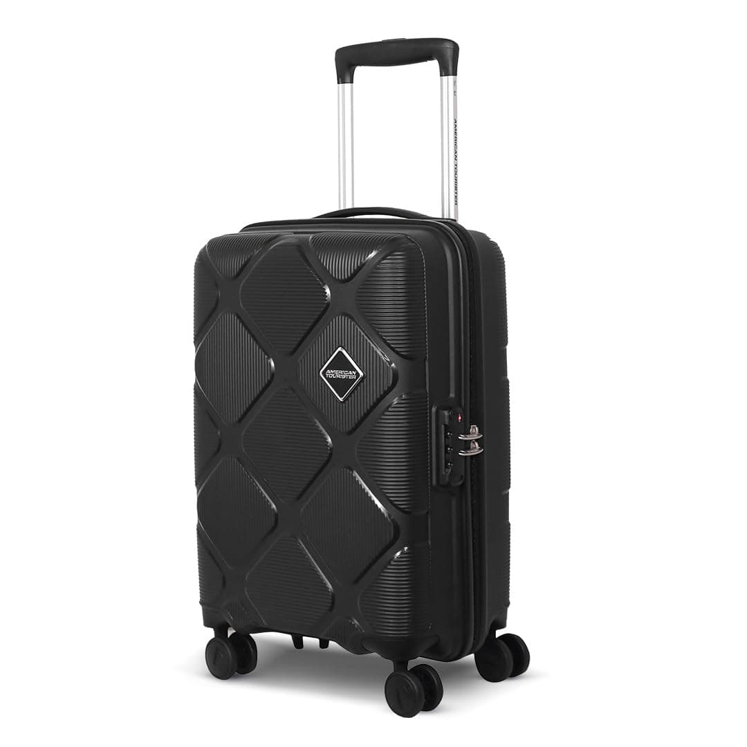 American Tourister Instavibe 55 CM Trolley Bag for Travel Small Polypropelene Suitcase with Mounted TSA Lock, Double Wheels, Flexi Packing Straps, and Side Hooks for Men & Women - Black