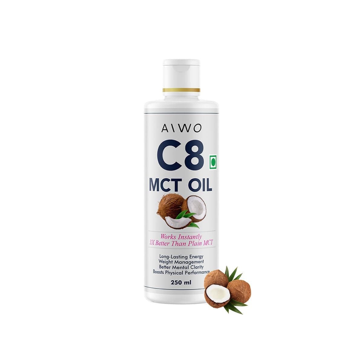 Aiwo C8 MCT Oil | 98% Caprylic Acid | From Coconut Source | Keto, Paleo, Brain & Heart Health - Fast & Sustainable Ketosis, Focus, Energy | Flavorless | 250ml