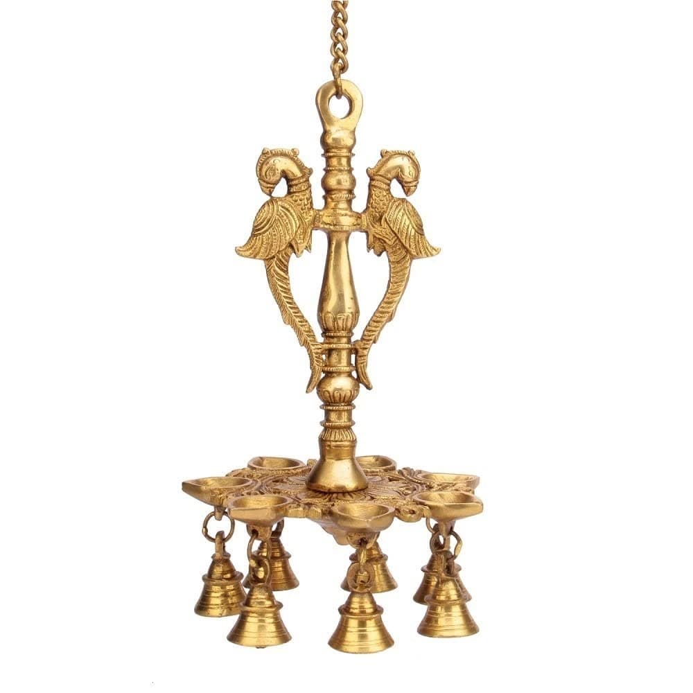Kartique Brass Peacock Wall Hanging Chain Metal Oil Diya with Bells for Home Entrance Mandir Temple