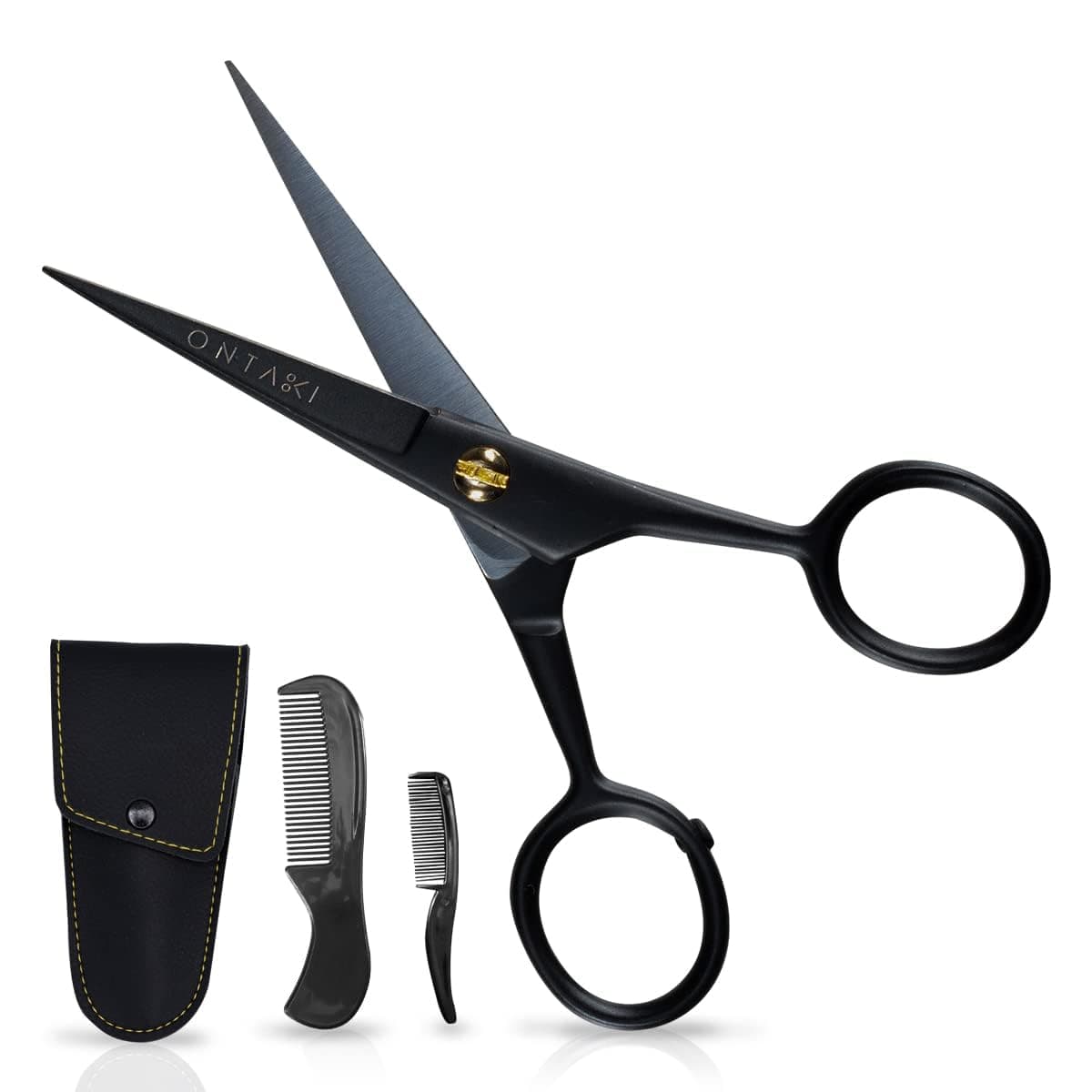 ONTAKI German Steel Beard Moustache Scissor with Comb Pouch (Black)