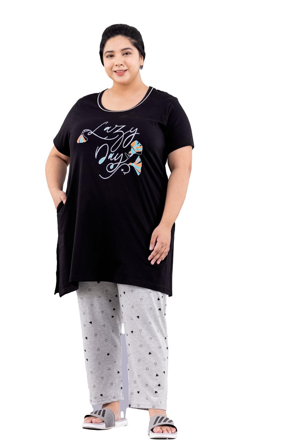 CUPID Woman Printed Plus Size Cotton Night Dress, Sports, Lounge n Nightwear, Track n Night Suit, Daily Use Top n Pyjama Set with Pocket_4XL_Red/Black