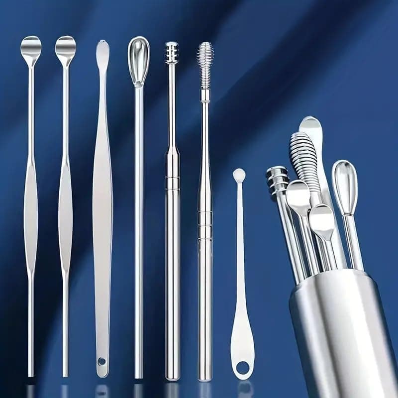 ETSAP Ear Wax Cleaner (6 Pc) Resuable Ear Wax Cleaner Reusable Removal Kit Steel Ear Cleansing Tool Set Spiral Ear Curette Tool with Cleaning Brush For Kids Man Woman (STEEL)