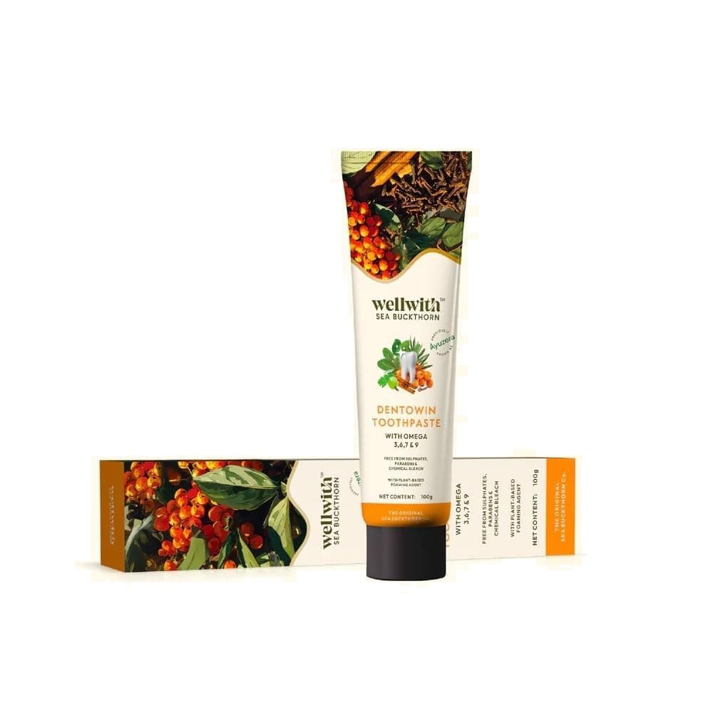 Wellwith by Ayuzera DentoWin Ayurvedic Herbal Gum Care Toothpaste with Himalayan Sea Buckthorn Berry, Tulsi & Neem, Teeth Whitening - Natural Formula, No Fluoride(100gm, Pack of 1)
