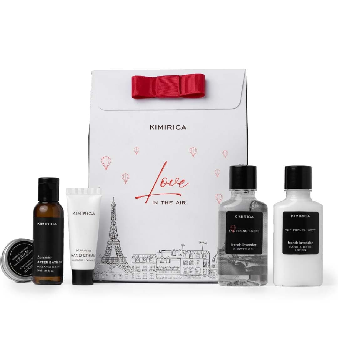 Kimirica LOVE in the AIR Luxury Gift Set For Men & Women Set of 5 includes Shower Gel, Body Lotion, Lip Balm, After Bath Oil, Hand Cream & Card