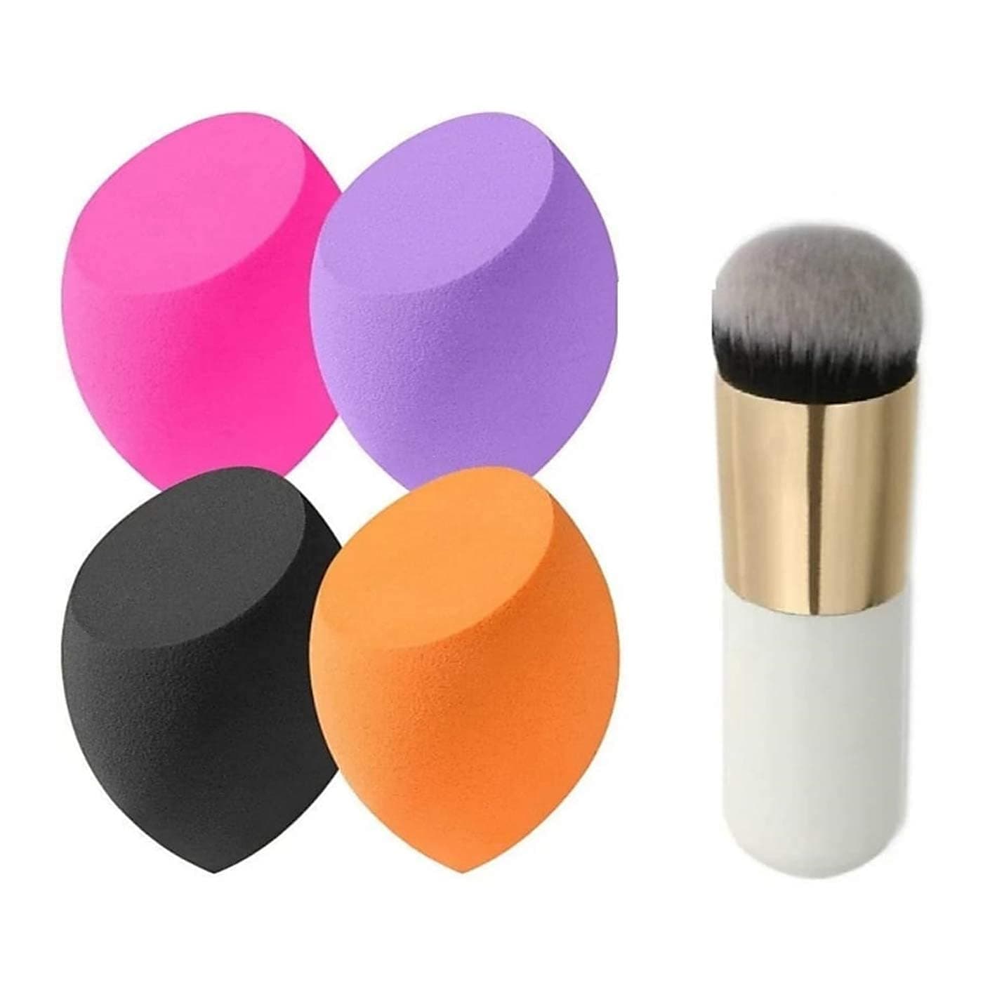 SUNISA Mini White Foundation Makeup Brush and 4 Makeup Sponge Beauty Blenders for Womens and Girls - (Pack of 5)