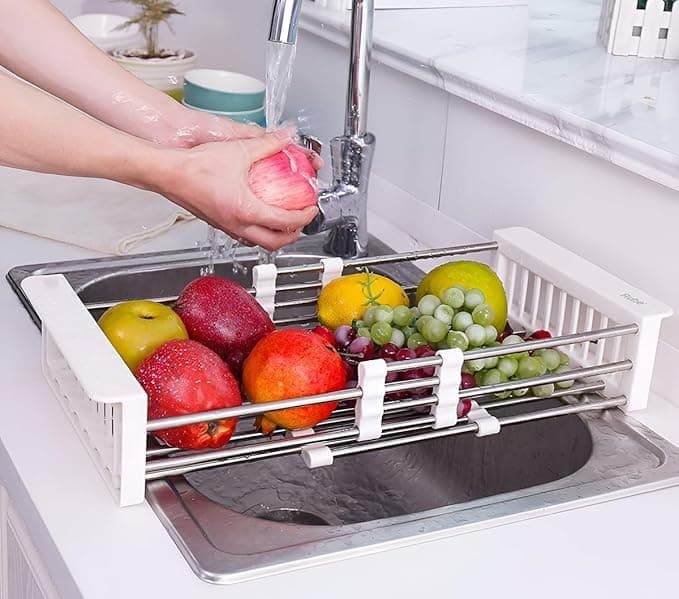 Ruhe® Adjustable Vegetable Drainer Basket | Premium Stainless Steel | Fruits Washing Basket | Adjustable Dish Drainer | Over Sink Strainer | Expandable Up to 50 cm
